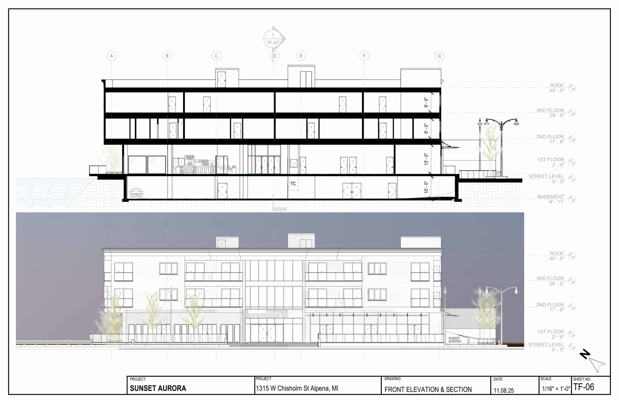 Sunset Aurora, Front elevation & section