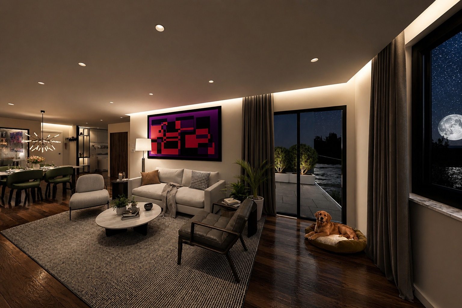 Sunset Aurora mixed-use residential night interior